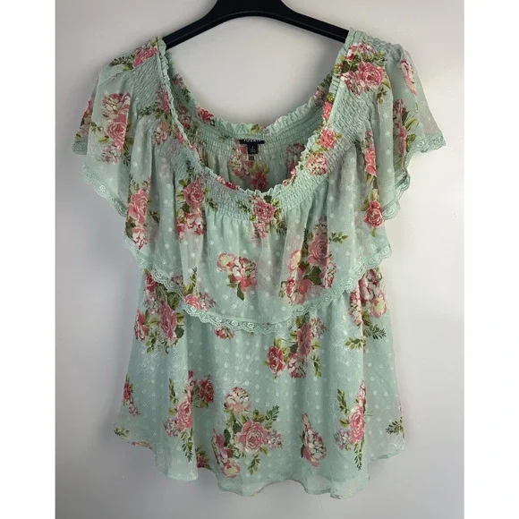 Torrid Off Shoulder Sheer Lace Swiss Dot Top Plus Size 2 2X Green Pink Boho Chic - Picture 9 of 10